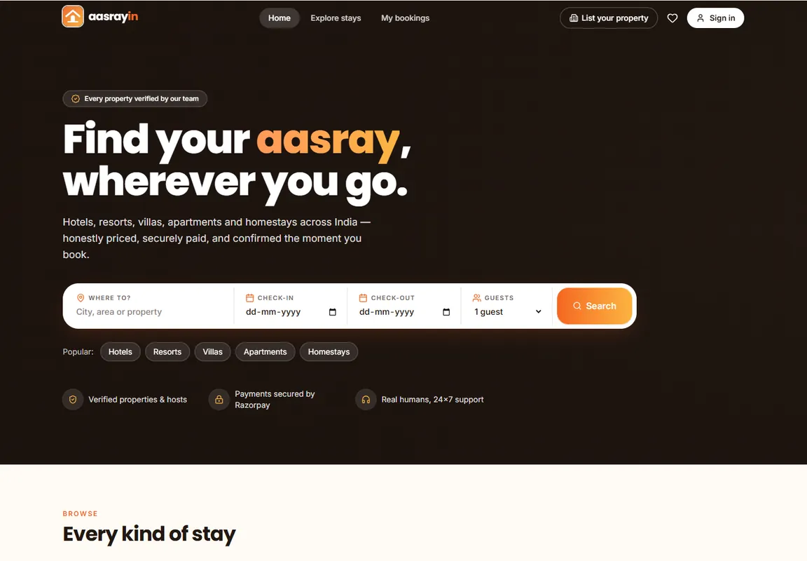 Aasrayin desktop homepage with accommodation search, dates and guest selection
