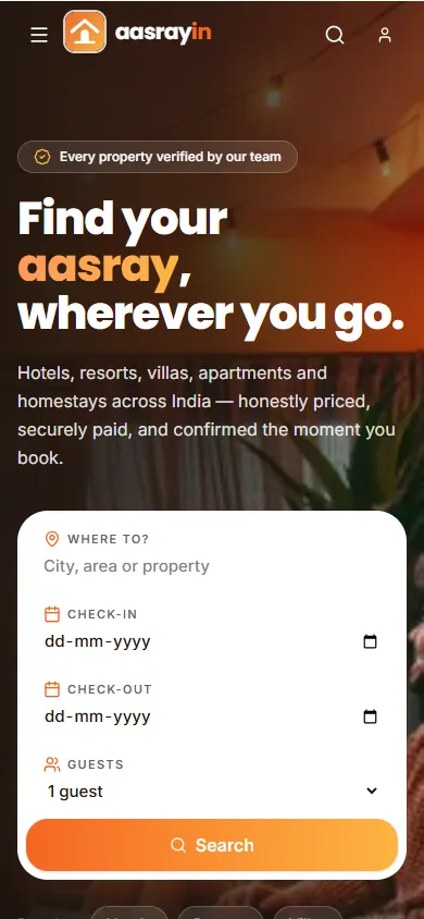 Aasrayin mobile homepage with accommodation search and booking navigation