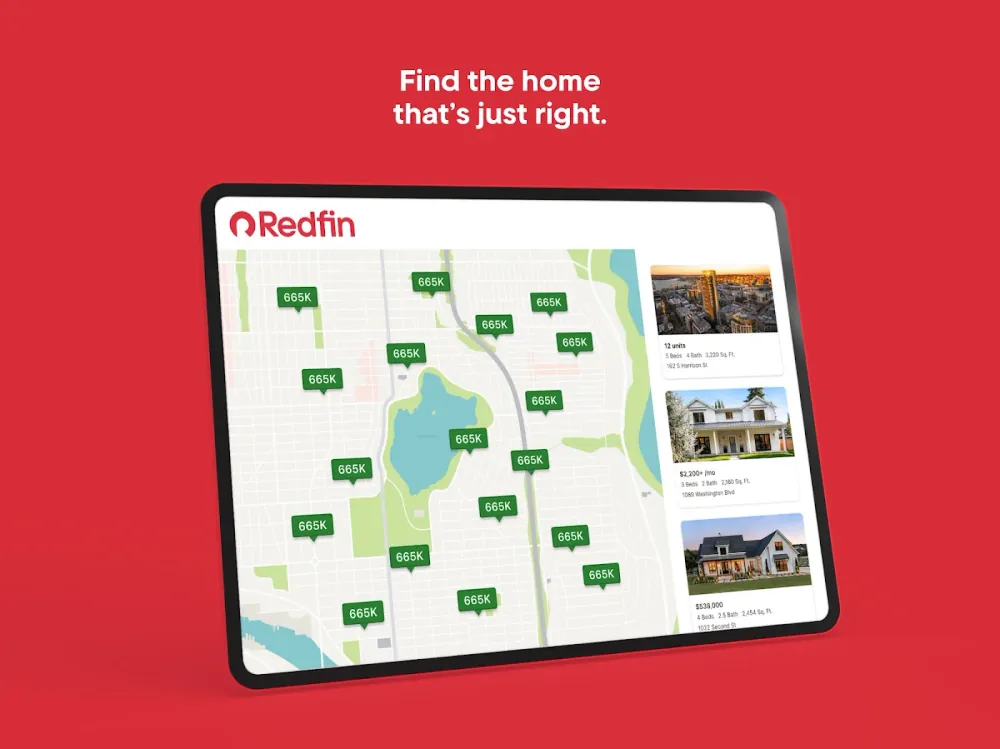 Official Redfin tablet app preview showing map-based property search and home listings
