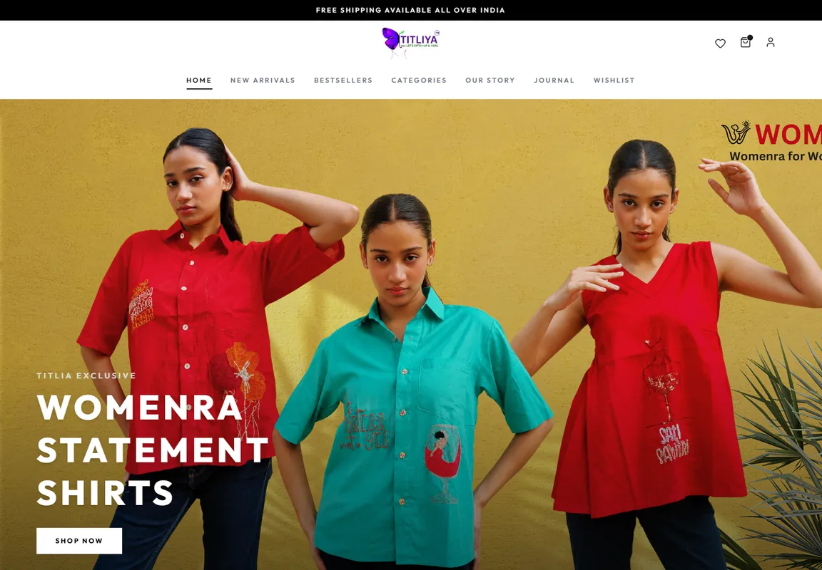 Titliya Fashion Studio desktop storefront with fashion campaign imagery and collection navigation