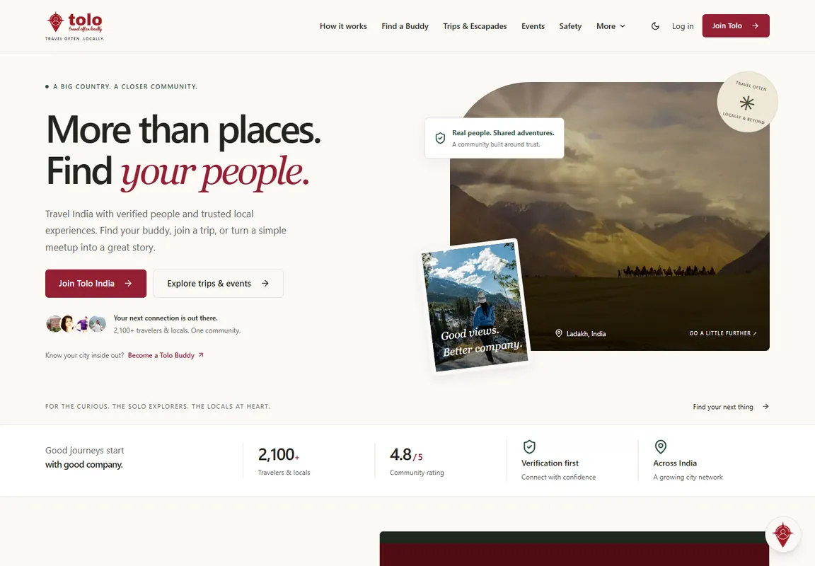 Tolo India desktop homepage with travel-community introduction and destination imagery