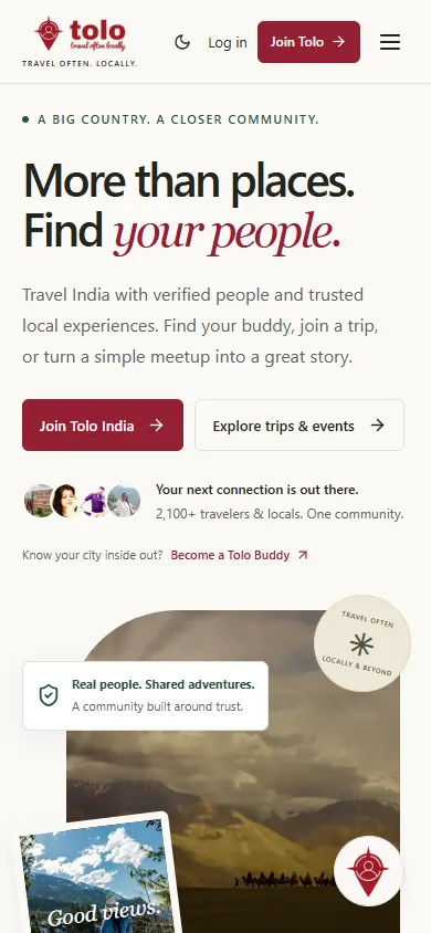 Tolo India mobile homepage with community introduction and trip navigation